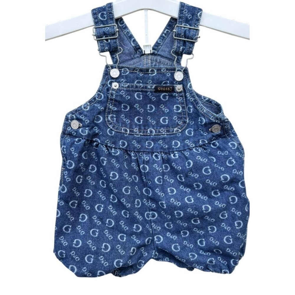 Baby Guess Bubble Romper Denim Logo Girls 6/9 Mos All Over Print Y2K Sty KH11876